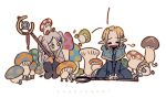  2girls artist_request blonde_hair blue_robe capelet chibi closed_eyes crossover dungeon_meshi elf frieren green_eyes highres holding holding_staff long_hair mage_staff marcille_donato multiple_girls mushroom parted_bangs pointy_ears robe sousou_no_frieren staff twintails twitter_username white_capelet 