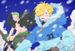  2boys blonde_hair blush breath cigarette coat cold curly_eyebrows facial_hair green_hair hair_over_one_eye holding male_focus mob0322 multiple_boys one_piece open_mouth pants roronoa_zoro sanji_(one_piece) scar short_hair smoking snow snowing winter winter_clothes winter_coat 