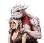 &lt;3 abs anthro baldur&#039;s_gate biceps black_bottomwear black_claws black_clothing blush bottomwear brown_eyebrows claws clothed clothing digital_media_(artwork) dragon dragonborn_(dnd) dungeons_and_dragons duo eyebrows eyes_closed facial_piercing female green_eyes hair half_elf hasbro hi_res horn humanoid_pointy_ears long_hair male muscular muscular_anthro muscular_male pecs piercing pouting ring_piercing scales shadowheart shirtless simple_background smile spikes spikes_(anatomy) tavyapl the_dark_urge_(baldur&#039;s_gate) white_background white_body white_hair white_scales wizards_of_the_coast