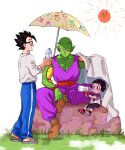  1girl 2boys :d antenna_hair black-framed_eyewear black_hair black_pants blanket blue_pants blunt_bangs blush boots bottle brown_footwear child collarbone commentary_request dougi dragon_ball dragon_ball_super dragon_ball_super_super_hero drinking eyelashes father_and_daughter fingerless_gloves glasses gloves grass grey_footwear hand_up hands_up holding holding_bottle long_sleeves looking_at_another multiple_boys namekian no_eyebrows open_mouth pan_(dragon_ball) pants parasol parted_lips pectorals piccolo pny_panya pointy_ears profile purple_pants red_footwear red_gloves red_sash rock sandals sash shirt shirt_tucked_in short_hair short_sleeves simple_background sitting smile son_gohan spiked_hair standing sun t-shirt umbrella water_bottle white_background white_shirt 