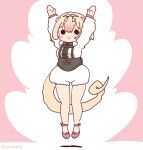  1girl animal_ears anteater_ears anteater_tail arms_up blonde_hair bow bowtie coroha extra_ears full_body gloves jumping kemono_friends looking_at_viewer pantyhose pink_background ribbon shoes short_hair shorts silky_anteater_(kemono_friends) simple_background solo sweater tail 