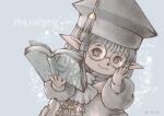  1girl adjusting_eyewear adventurer_(ff11) artist_name ascot book closed_mouth copyright_name final_fantasy final_fantasy_xi hair_tubes hat holding holding_book jacket long_sleeves mortarboard open_book piyoco pointy_ears puffy_long_sleeves puffy_sleeves round_eyewear scholar_(final_fantasy) short_hair smile solo tarutaru tassel 