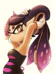  +_+ 1girl absurdres bare_arms bare_shoulders black_hair black_jumpsuit blush breasts callie_(splatoon) detached_collar earrings food food_on_head gloves gradient_hair highres hoop_earrings jewelry jumpsuit medium_breasts mole mole_under_eye multicolored_hair object_on_head pointy_ears short_jumpsuit solo splatoon_(series) squid squid_girl strapless strapless_jumpsuit sushi swept_bangs tara_sli tentacle_hair twintails unitard white_gloves yellow_eyes 