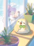  bird closed_eyes commentary_request day drifloon highres indoors mokukitusui no_humans open_mouth owl plant pokemon pokemon_(creature) potted_plant rockruff rowlet window 