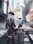  1other 2girls assault_rifle beret black_footwear black_headwear black_thighhighs blue_hair building car city closed_mouth contrapposto danraz0r english_commentary facing_away fire_escape g11_(girls&#039;_frontline) girls&#039;_frontline gloves green_eyes grey_hair gun h&amp;k_g11 h&amp;k_hk416 hat highres hk416_(girls&#039;_frontline) holding holding_gun holding_radio holding_weapon holster light_blue_hair long_hair long_sleeves looking_to_the_side military motor_vehicle multiple_girls outdoors paid_reward_available power_lines profile radio_antenna red_eyes rifle road ruins sketch_background skirt standing street thigh_holster thighhighs trigger_discipline utility_pole weapon white_gloves wide_shot zettai_ryouiki 