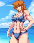  1990s_(style) 1girl abs beach blue_sky breasts broad_shoulders cleavage clenched_teeth cloud cloudy_sky collarbone commentary_request covered_nipples cowboy_shot day dripping hand_on_own_hip highres horizon island kusakabe_hikari long_bangs long_hair looking_at_viewer muscular muscular_female navel ocean orange_eyes orange_hair original retro_artstyle ribs seductive_smile shiny_skin sky smile spiked_hair strap_slip swimsuit taroimo_(00120014) teeth thick_thighs thighs tomboy wet wet_clothes wet_hair wet_swimsuit wide_hips 