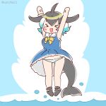 1girl arms_up black_hair blue_background blue_hair bow bowtie cetacean_tail common_dolphin_(kemono_friends) coroha dolphin_girl dress fins fish_tail full_body head_fins jumping kemono_friends looking_at_viewer multicolored_hair panties sailor_collar sailor_dress shoes short_hair simple_background solo tail two-tone_hair underwear 