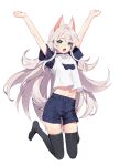  1boy absurdres androgynous animal_ears blue_eyes blush dog_boy dog_ears dog_tail fang full_body green_eyes heterochromia highres koyashaka long_hair midriff open_mouth original peom_(koyashaka) shorts solo tail thighhighs very_long_hair white_background white_hair 