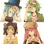  4girls blonde_hair blue_eyes blue_hair copyright_name donut_hole_(vocaloid) doughnut food goggles goggles_on_head green_eyes green_hair gumi hair_ornament hairclip hat hatsune_miku kagamine_rin lowres megurine_luka multiple_girls non-web_source pink_hair short_hair sweets twintails vocaloid yellow_eyes 