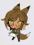  1girl animal_ears brown_eyes brown_hair earrings fox_ears fox_tail glasses highres holding holding_paper huyj_cl jewelry limbus_company looking_at_viewer open_mouth outis_(project_moon) paper project_moon solo surprised tail triangle_mouth 