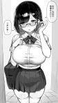  1girl absurdres bag breasts collared_shirt commentary commentary_request glasses greatmosu hand_in_own_hair highres large_breasts looking_to_the_side medium_hair monochrome open_mouth original pleated_skirt ribbon school_bag shirt short_sleeves skindentation skirt solo speech_bubble standing sweat talking thighhighs 