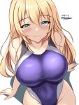  1girl atago_(kancolle) black_one-piece_swimsuit blonde_hair breasts cleavage competition_swimsuit covered_navel dated gilberto_montemayor_terrazas green_eyes highres kantai_collection large_breasts long_hair looking_at_viewer looking_up montemasa multicolored_clothes multicolored_swimsuit one-piece_swimsuit purple_one-piece_swimsuit shadow sitting solo swimsuit twitter_username two-tone_swimsuit 