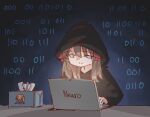  1girl binary black_hood blue_eyes brown_hair computer crying_emoji emoji hacking hair_ribbon indie_virtual_youtuber laptop neuro-sama red_ribbon ribbon rune_(dualhart) solo tissue_box virtual_youtuber 