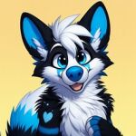 &lt;3 anthro armbands_(marking) black_body black_fur blue_eyes blue_nose bust_portrait fluffy fur inner_ear_fluff looking_at_viewer low_res male male/male multicolored_body portrait simple_background solo thumbnail tuft two_tone_body white_body white_fur yellow_background