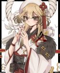  1girl beret blonde_hair blush brown_eyes girls&#039;_frontline hands_up hat japanese_clothes kimono long_hair looking_at_viewer m110_(girls&#039;_frontline) official_art red_nails shai_yanchang smile solo upper_body white_headwear 