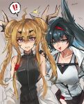  ... 2girls :d absurdres ahoge animal_ears arknights black_dress black_gloves black_hair black_jacket black_skirt blaze_(arknights) blonde_hair blue_eyes breasts brown_background cat_ears cat_girl cleavage dress extra_ears fang fingerless_gloves gloves hand_on_another&#039;s_shoulder highres horns jacket kaguura_(kagu) leizi_(arknights) long_hair medium_breasts multiple_girls off_shoulder open_clothes open_jacket open_mouth pointy_ears purple_eyes shaded_face shirt simple_background skirt sleeveless sleeveless_dress smile spoken_ellipsis sweat tank_top upper_body white_shirt 