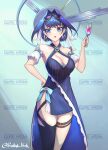  1girl absurdres adapted_costume alcohol blue_hair breasts cleavage cup dress drinking_glass hair_intakes halo highres hololive hololive_english large_breasts mechanical_halo ouro_kronii radishkek short_hair wine wine_glass 