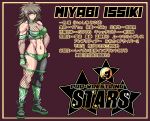  1990s_(style) 1girl abs asymmetrical_pants bare_shoulders black_gloves breasts brown_hair character_name character_profile cleavage commentary_request ddt_(wrestling) english_text fingerless_gloves fishnets glass gloves gold_border green_footwear green_gloves green_trim height highres issiki_miyabi light_frown logo long_bangs long_hair looking_at_viewer maroon_background maroon_border messy_hair midriff muscular muscular_female original promo_poster red_eyes retro_artstyle ribs round_eyewear solo spiked_hair star_(symbol) taroimo_(00120014) translation_request weight wide_hips wrestling 