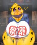 animatronic anthro avian beak big_breasts bird blue_clothing blue_topwear bodily_fluids bottomless breasts chicken clothed clothing dialogue exposed_endoskeleton eyelashes eyeshadow female five_nights_at_freddy&#039;s five_nights_at_freddy&#039;s_2 galliform gallus_(genus) genital_fluids genitals head_feathers head_tuft hi_res huge_breasts lactating lactating_through_clothing looking_at_viewer machine makeup phasianid pubes purple_eyes purple_eyeshadow pussy pussy_juice raul_maduro robot scottgames solo sugoi_dekai text thick_thighs topwear tuft wet wet_clothing white_clothing white_topwear wide_hips wire withered_chica_(fnaf) yellow_body