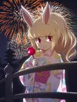  1girl animal_ears architecture blonde_hair candy_apple east_asian_architecture fireworks food high_ponytail japanese_clothes kimono kirara_(hitominak3) long_hair looking_at_viewer outdoors rabbit_ears rabbit_girl red_eyes smile snowrabby solo youkai_(youkai_watch) youkai_watch 