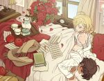  2boys alarm_clock androgynous apple bandaged_arm bandaged_chest bandages blonde_hair book bouquet brown_hair clock closed_eyes collared_shirt cup curtains dark-skinned_male dark_skin desk_lamp envelope flower food fruit gilbert_cocteau green_eyes highres indoors kaze_to_ki_no_uta lamp long_sleeves looking_at_another male_focus meremero multiple_boys paper petals pillow red_apple red_flower red_rose rose rose_petals scarf serge_battour sheet_music shirt short_hair sitting sleeping table teacup teapot tray under_covers unworn_scarf white_shirt window yaoi 