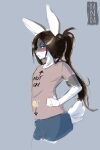 2023 annoyed annoyed_expression anthro arrow_pointing_to_crotch blue_eyes blush brown_hair clothed clothing colored directional_arrow fur girly grey_body grey_fur hair hands_on_waist hi_res lagomorph leporid long_hair looking_at_viewer male mammal rabbit ranoa02 shaded simple_background simple_shading solo stated_homosexuality stated_sexuality text text_on_clothing text_on_topwear topwear watermark