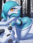 biped blue_hair blush breasts butt clothed clothing female gardevoir generation_3_pokemon hair hair_over_eye hi_res looking_at_viewer nintendo not_furry one_eye_obstructed plant pokemon pokemon_(species) rilex_lenov snow solo thick_thighs tree