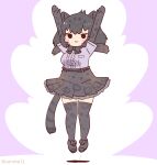  1girl animal_ears arms_up belt black_hair black_jaguar_(kemono_friends) bow bowtie coroha elbow_gloves extra_ears full_body gloves jaguar_ears jaguar_girl jaguar_print jaguar_tail jumping kemono_friends looking_at_viewer purple_background shirt shoes short_hair simple_background skirt solo tail thighhighs 