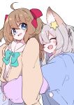  2girls :d ahoge animal_ear_fluff animal_ears annytf blue_eyes blue_hoodie blush blush_stickers bow bowtie brown_hair cardigan closed_eyes commission fox_ears fox_girl green_bow green_bowtie grey_hair hair_between_eyes hair_bow hair_ornament hair_tie hairclip heart heart_hair_ornament highres hood hoodie hug hug_from_behind indie_virtual_youtuber long_hair long_sleeves looking_back megateru mother_and_daughter multiple_girls neuro-sama puffy_long_sleeves puffy_sleeves red_bow sailor_collar school_uniform second-party_source serafuku simple_background skeb_commission skirt smile star_(symbol) star_hair_ornament two_side_up virtual_youtuber white_background white_serafuku yellow_cardigan 