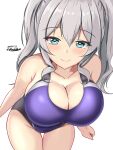  1girl black_one-piece_swimsuit blue_eyes blush breasts competition_swimsuit covered_navel dated grey_hair highres kantai_collection kashima_(kancolle) large_breasts long_hair looking_at_viewer montemasa multicolored_clothes multicolored_swimsuit one-hour_drawing_challenge one-piece_swimsuit purple_one-piece_swimsuit solo swimsuit twintails twitter_username two-tone_swimsuit 
