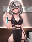  1girl absurdres alternate_costume backlighting bag bed blood blush breasts cleavage dress grey_hair hair_ornament highres hololive hotel_room jewelry key knife large_breasts micon necklace red_eyes sakamata_chloe virtual_youtuber x_hair_ornament 