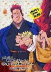  2boys alternate_costume bara boku_no_hero_academia cowboy_shot endeavor_(boku_no_hero_academia) facial_hair frown gyaru_v happy_new_year hawks_(boku_no_hero_academia) height_difference huge_pectorals japanese_clothes kimono male_focus mari_(m0290141) mature_male multiple_boys muscular muscular_male one_eye_closed sanpaku scar scar_across_eye short_hair size_difference spiked_hair stubble translation_request tsurime v yaoi 