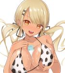  1girl animal_print barbell_piercing between_breasts bikini black_ribbon blonde_hair bottle breasts cow_print cow_print_bikini dark-skinned_female dark_skin ear_piercing fang floating_hair grabbing_own_breast gyaru hair_ornament hair_ribbon hhh8_8 highres kaminari_qpi lightning_bolt_piercing long_hair looking_at_viewer low_twintails milk milk_bottle open_mouth orange_eyes piercing print_bikini ribbon sexually_suggestive simple_background smile solo string_bikini suggestive_fluid swept_bangs swimsuit teeth twintails upper_body upper_teeth_only variant_set virtual_youtuber vspo! white_background x_hair_ornament 