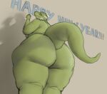 anthro big_butt blue_text butt chubby_anthro chubby_female female green_body green_skin hi_res holidays lizard looking_back new_year new_year_2024 overweight overweight_anthro overweight_female raised_tail reptile scalie slightly_chubby smile solo standing tail text thiccomode yellow_eyes