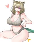  1girl ;p animal_ears arknights artist_name bikini blonde_hair blush breasts cleavage cum cum_on_body cum_on_breasts fang fang_out grey_bikini hair_between_eyes hair_ornament hairclip heart highres large_breasts looking_at_viewer medium_hair navel one_eye_closed purple_eyes skin_fang solo swimsuit tail thighs tongue tongue_out utage_(arknights) x_hair_ornament yosua_0669 