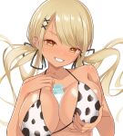  1girl animal_print barbell_piercing between_breasts bikini black_ribbon blonde_hair bottle breasts commentary_request cow_print cow_print_bikini dark-skinned_female dark_skin ear_piercing fang floating_hair grabbing_own_breast grin gyaru hair_ornament hair_ribbon hhh8_8 highres kaminari_qpi lightning_bolt_piercing long_hair looking_at_viewer low_twintails milk milk_bottle orange_eyes partial_commentary piercing print_bikini ribbon sexually_suggestive simple_background smile solo string_bikini swept_bangs swimsuit twintails upper_body variant_set virtual_youtuber vspo! white_background x_hair_ornament 