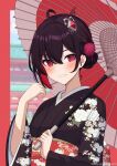  1girl ahoge alternate_costume black_hair black_kimono blush hair_between_eyes highres holding holding_umbrella honkai_(series) honkai_impact_3rd japanese_clothes kenjirohayamiti kimono red_eyes red_hair red_theme red_umbrella seele_(alter_ego) seele_vollerei short_hair smile solo umbrella upper_body 