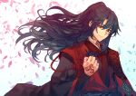  1boy animated animated_png black_hair black_hanfu chinese_clothes closed_eyes falling_petals fate/samurai_remnant fate_(series) half_updo hanfu high_ponytail kuroaki low-tied_sidelocks non-repeating_animation open_hand petals red_robe robe solo 