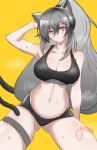  1girl absurdres animal_ears arknights arm_up black_shorts blush breasts cat_ears cat_girl cat_tail cleavage grey_hair hair_between_eyes highres large_breasts long_hair micro_shorts navel ponytail schwarz_(arknights) shorts signature simple_background solo stomach sweat tail thigh_strap thighs very_long_hair yellow_background yellow_eyes yosua_0669 