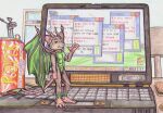  anthro beverage cerberus_(artist) colored_pencil_(artwork) computer dragon energy_drink furniture humor hybrid inside laptop male mammal micro mouse murid murine rodent solo table text theodous tirrel traditional_media_(artwork) typing 