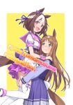  2girls absurdres animal_ears braid brown_hair cover cover_page grass_wonder_(umamusume) hair_ribbon highres horse_ears horse_girl horse_tail hug long_hair looking_at_another looking_at_viewer multicolored_hair multiple_girls nyum open_mouth ribbon school_uniform short_hair skirt smile special_week_(umamusume) tail thighhighs umamusume white_hair white_thighhighs yuri 