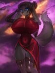  absurd_res anthro asian_clothing big_breasts black_hair blue_eyes breasts clothing digital_media_(artwork) east_asian_clothing female general-irrelevant gloves hair hand_on_breast handwear hi_res huge_breasts legwear red_clothing smile solo species_request stockings 