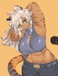  &gt;:) 1girl abs animal_ears armpits arms_behind_head arms_up belt breasts cleavage_cutout clothing_cutout commission curvy dark-skinned_female dark_skin fang green_eyes head_tilt large_breasts long_hair lowleg lowleg_pants midriff muscular muscular_female open_mouth orange_background original pants pincerpencil simple_background smile solo sports_bra striped tail thick_arms tiger_ears tiger_girl tiger_stripes tiger_tail v-shaped_eyebrows white_hair wide_hips 