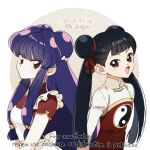  2girls black_hair blunt_bangs cardcaptor_sakura chinese_clothes commentary_request deogbab double_bun eyeliner hair_bun korean_commentary li_meiling looking_at_viewer makeup multiple_girls purple_hair ranma_1/2 red_eyeliner red_eyes shampoo_(ranma_1/2) sidelocks smile upper_body 