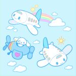  aircraft airplane biskyfresh blue_background cinnamoroll cloud commentary english_commentary heart highres looking_at_viewer no_humans one_eye_closed rainbow sanrio simple_background smile sun thumbs_up 