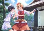  2girls architecture artist_name black_hair blonde_hair blue_eyes building commentary_request commission day east_asian_architecture fang hair_ornament happy hat highres holding_another&#039;s_wrist hose multicolored_hair multiple_girls murasa_minamitsu neckerchief open_mouth outdoors plant playing profile roke_(taikodon) sailor_collar sailor_hat second-party_source short_sleeves shorts signature skeb_commission standing toramaru_shou touhou tree two-tone_hair water wet wet_clothes wet_hair yellow_eyes 
