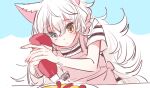  1boy animal_ears apron blue_eyes blush closed_mouth dog_boy dog_ears dog_tail food green_eyes heterochromia highres ketchup ketchup_bottle koyashaka long_hair looking_down male_focus original peom_(koyashaka) shirt short_sleeves sketch solo striped striped_shirt tail white_background white_hair 