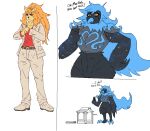 anthro avian blue_hair canid canine ceroba_(undertale_yellow) clothing female fox fur hair hammer mammal martlet_(undertale_yellow) martlet_(zenith_form) orange_hair red_clothing red_shirt red_topwear shirt signirsol tall tan_body tan_fur text tools topwear