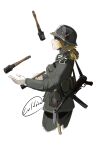  1girl absurdres blonde_hair blue_eyes cold_ice_(artist) explosive grenade gun helmet highres juggling knife military_uniform mp40 original signature solo stick_grenade submachine_gun uniform war weapon wehrmacht world_war_ii 