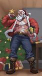  1boy abs alternate_costume bara bare_pectorals belt biceps boots christmas facial_hair flexing from_below gift hat highres holding holding_gift ilovefsushi large_pectorals looking_at_viewer male_focus mature_male muscular muscular_male mustache navel nipples old old_man overwatch overwatch_1 pants pectorals red_headwear reinhardt_(overwatch) santa_costume santa_hat scar scar_across_eye second-party_source short_hair smile solo thick_chest_hair thick_eyebrows thick_navel_hair white_hair 